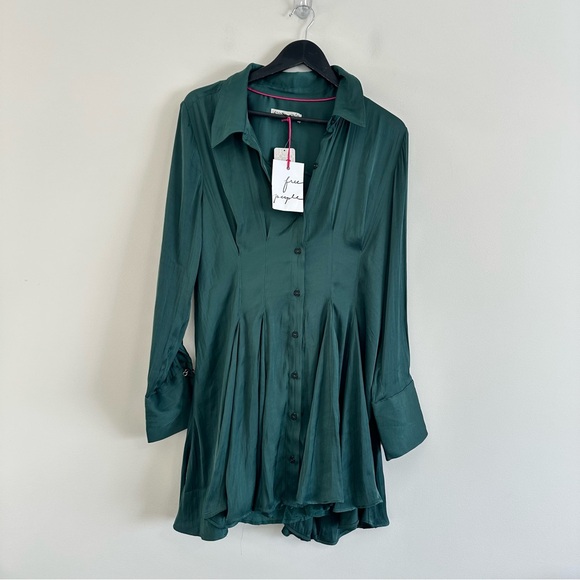 Free People Satin Emery Shirtdress Green Size Large NWT - Picture 4 of 14